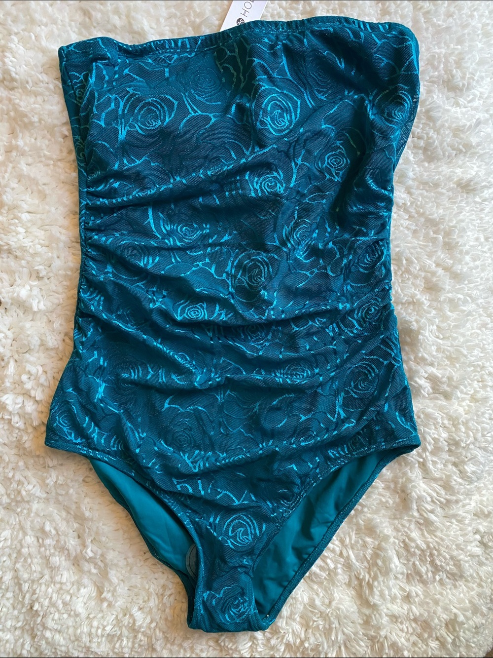 Strapless Teal One-Piece Swimsuit – Elegant Floral Texture